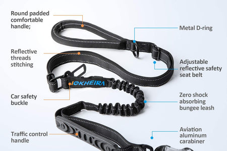 Dog Leash, Dog Leash for Large Dogs, Multifunctional Dog Leashes for Medium Dogs, Adjustable Dog Leash with Car Seatbelt, 4-6 FT Strong Bungee Dog Leash