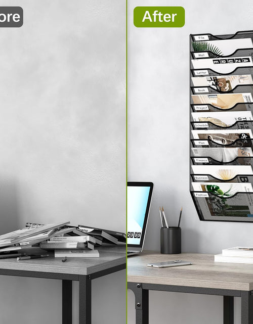 Load image into Gallery viewer, 10 Tier Wall File Organizer Office Mesh Metal Hanging File Folder Holder Magazine Rack , Black
