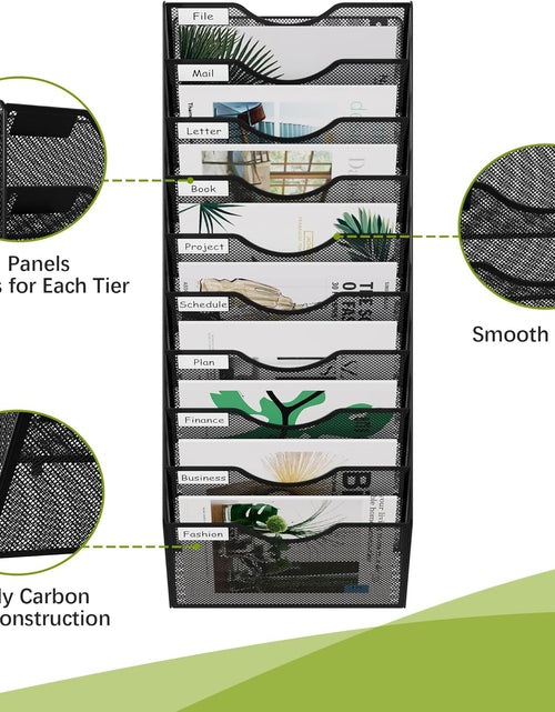 Load image into Gallery viewer, 10 Tier Wall File Organizer Office Mesh Metal Hanging File Folder Holder Magazine Rack , Black
