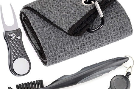 Microfiber Waffle Pattern Golf Towel | Club Groove Cleaner Brush | Foldable Divot Tool with Magnetic Ball Marker (Dark Gray Towel/Brush/Bone Divot)