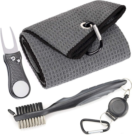 Microfiber Waffle Pattern Golf Towel | Club Groove Cleaner Brush | Foldable Divot Tool with Magnetic Ball Marker (Dark Gray Towel/Brush/Bone Divot)