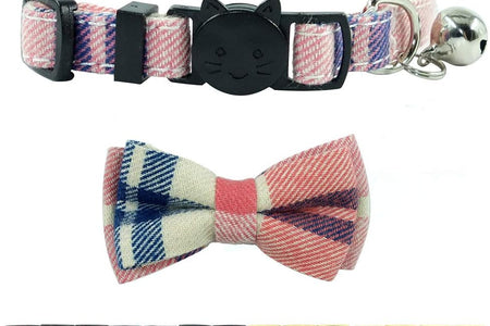 Cat Collar Breakaway with Bell and Bow Tie, Plaid Design Adjustable Safety Kitty Kitten Collars(6.8-10.8In)(Pink Plaid 2)