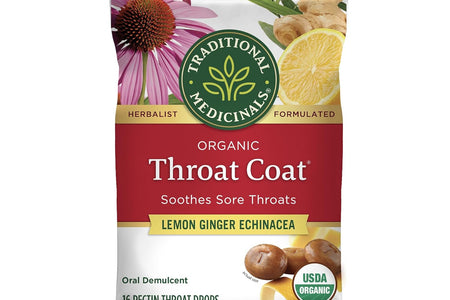Throat Coat Organic Pectin Throat Drops, Lemon Ginger Echinacea, Soothes Sore Throats, 16Ct.