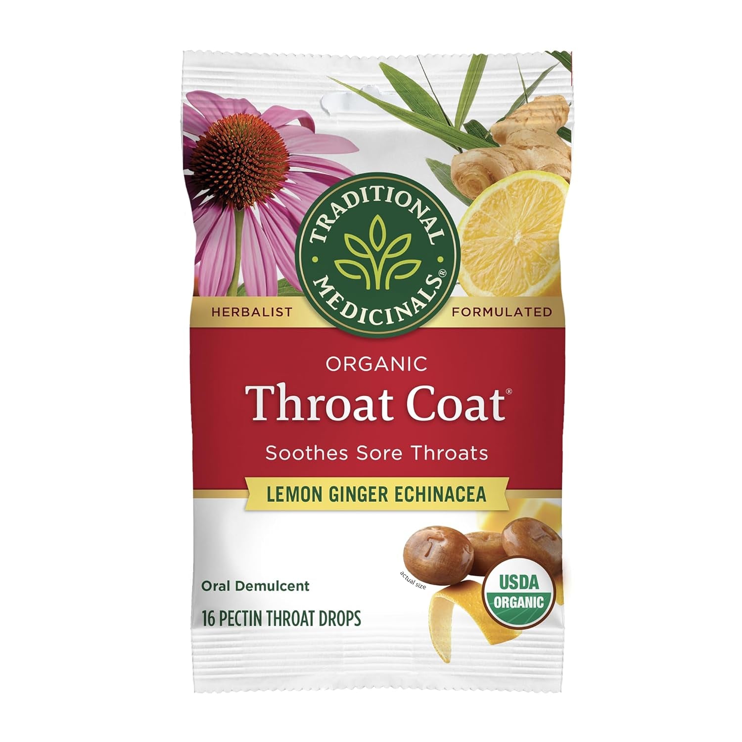 Throat Coat Organic Pectin Throat Drops, Lemon Ginger Echinacea, Soothes Sore Throats, 16Ct.