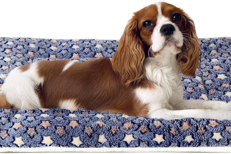 Dog Bed Crate Pad Ultra Soft Pet Bed with Cute Star Print Washable Crate Mat for Large Medium Small Dogs Reversible Fleece Dog Crate Kennel Mat Cat Bed Liner 23 X 18 Inch Dark Blue